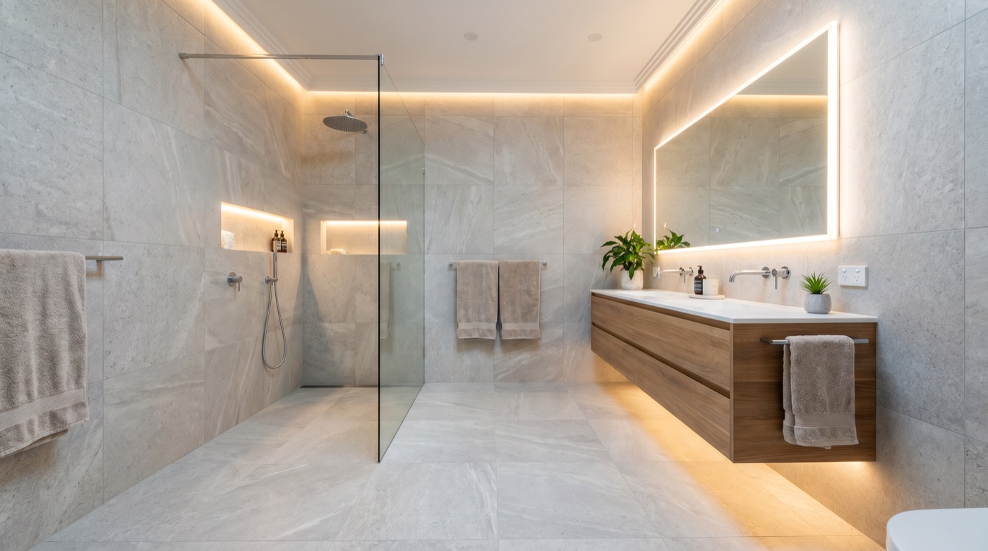 Modernes saniertes Badezimmer mit begehbarer Dusche und großformatigen Fliesen