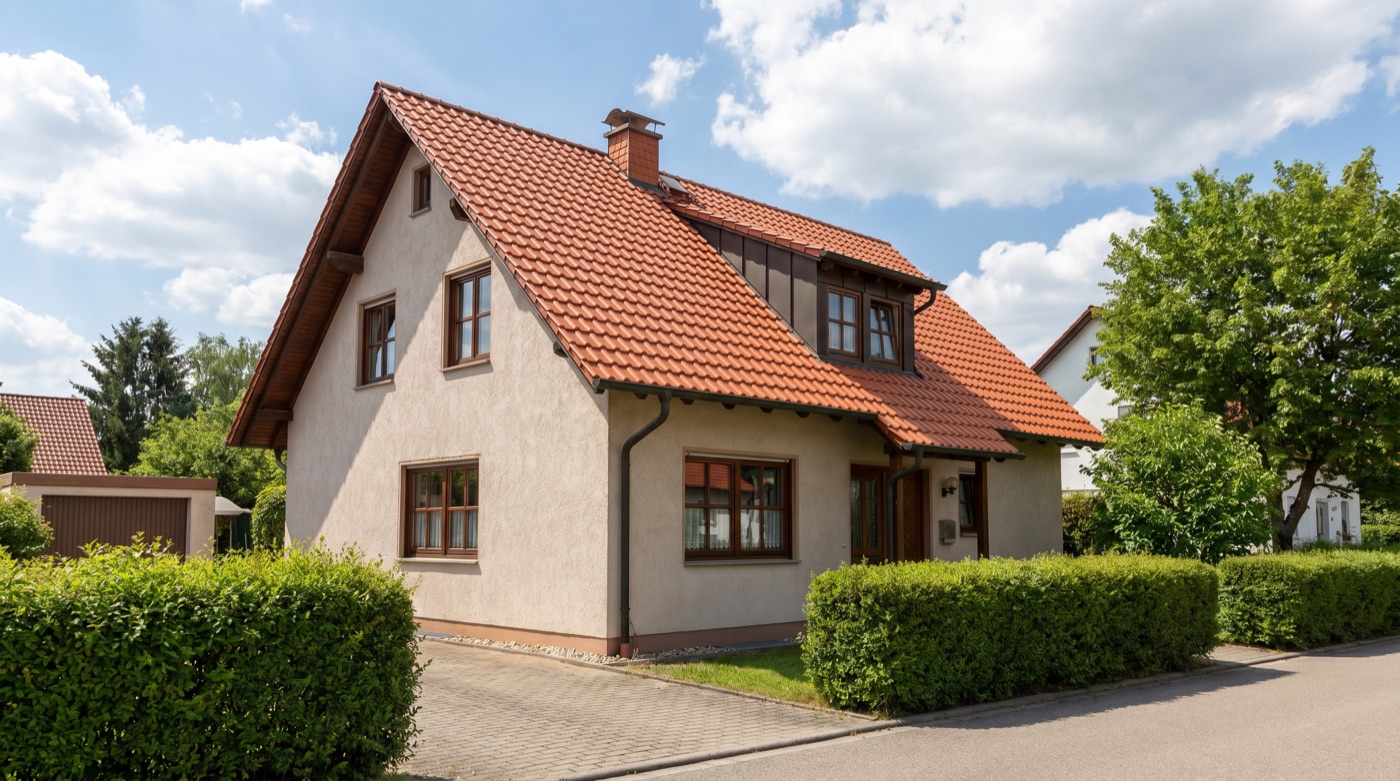 Frisch eingedecktes Satteldach mit roten Tondachziegeln auf einem Einfamilienhaus