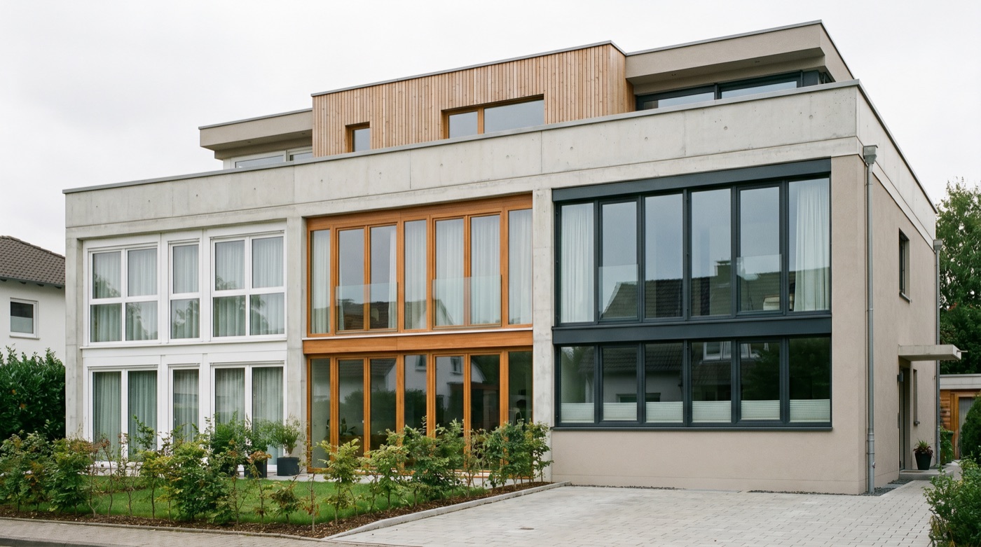 Neue Fenster aus Kunststoff, Holz und Aluminium an einer modernen Hausfassade