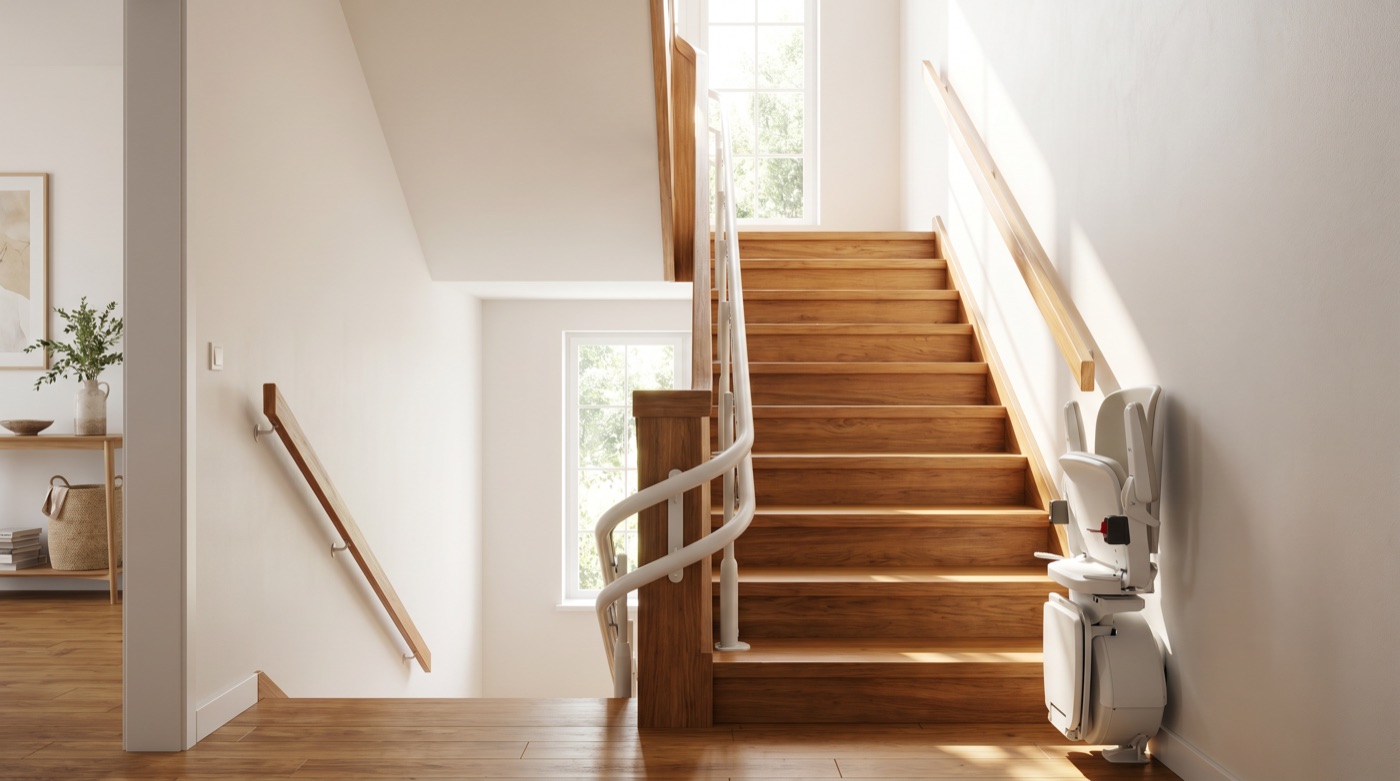 Weißer Treppenlift auf einer geraden Holztreppe in einem hellen Wohnhaus