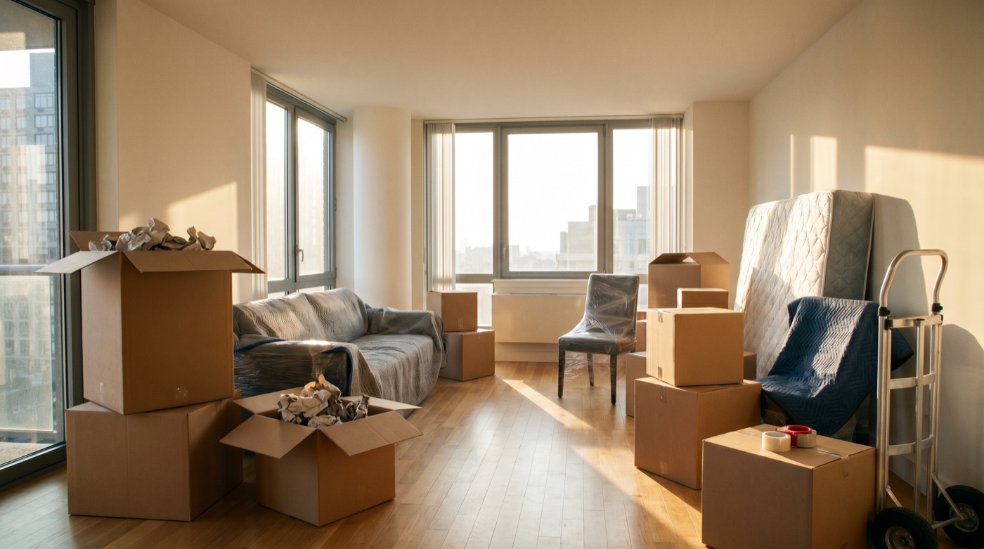 Umzugskartons und Möbel stehen bereit für den Transport in einer leeren Wohnung