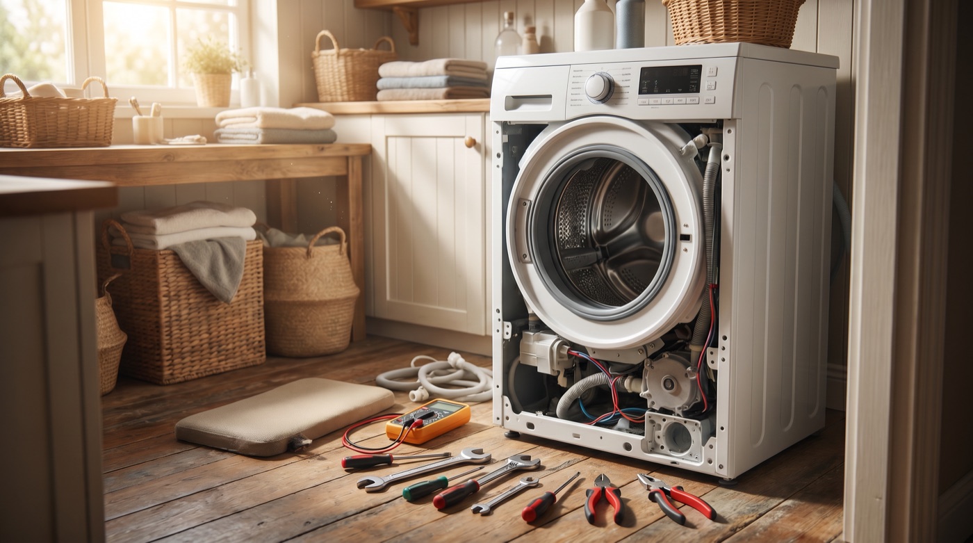 Geöffnete Waschmaschine mit sichtbarer Trommel und Werkzeug für die Reparatur davor